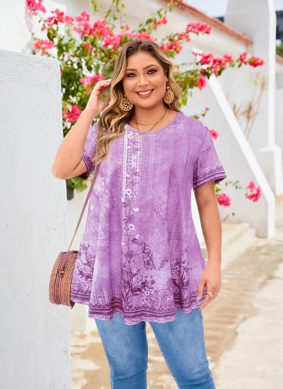 Women's Plus Size Lavender Floral Tunic Top – Short Sleeve Swing Blouse