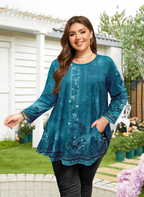 Women's Plus Size Teal Floral Tunic Top – 3/4 Sleeve Swing Flare Blouse