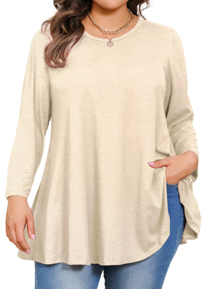 Women's Plus Size Beige Tunic Top – 3/4 Sleeve Swing Flare Blouse