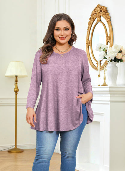 Women's Plus Size Purple Tunic Top – 3/4 Sleeve Solid Swing Flare Blouse