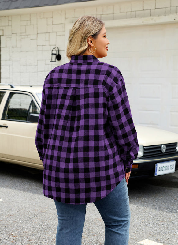 Women's Plus Size Purple Plaid Flannel Shirt | Long Sleeve Button Down