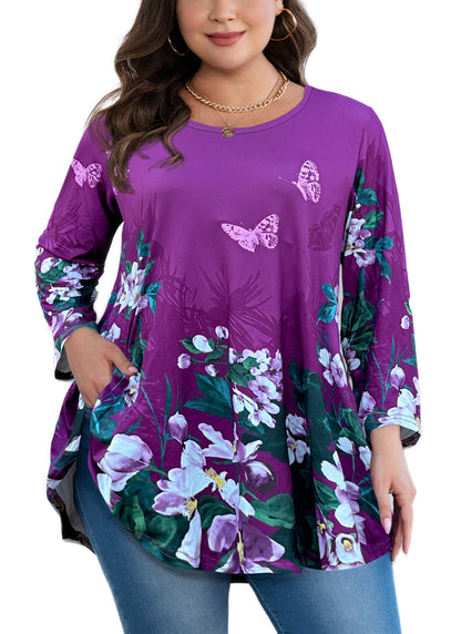 Women's Plus Size Purple Floral Tunic Top – 3/4 Sleeve Swing Flare Blouse