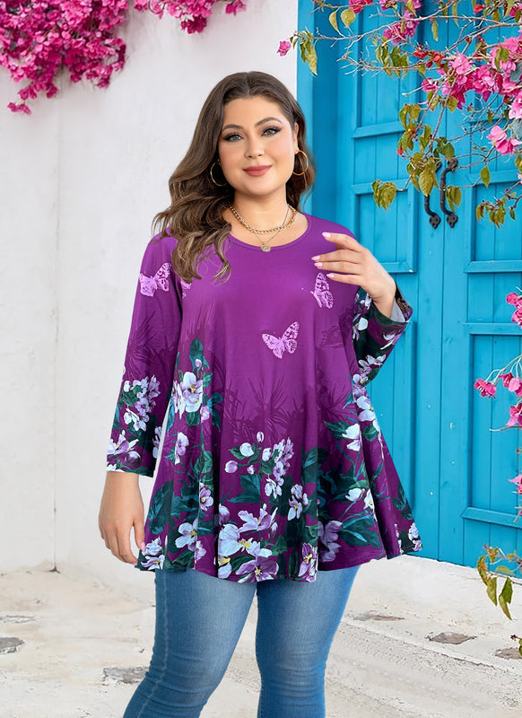 Women's Plus Size Purple Floral Tunic Top – 3/4 Sleeve Swing Flare Blouse