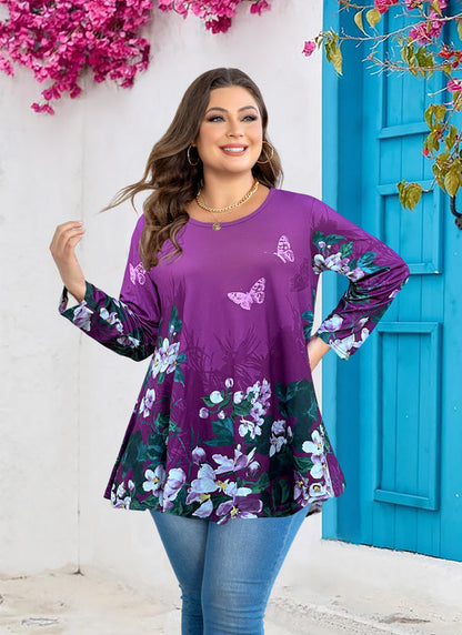 Women's Plus Size Purple Floral Tunic Top – 3/4 Sleeve Swing Flare Blouse