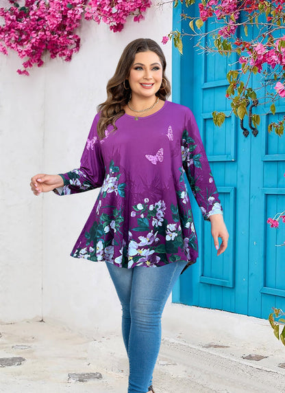 Women's Plus Size Purple Floral Tunic Top – 3/4 Sleeve Swing Flare Blouse