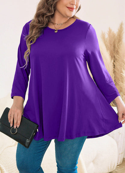 Women's Plus Size Solid Tunic Top | 3/4 Sleeve Swing Blouse, Flowy Loose Fit, Wear with Leggings – L to 6XL