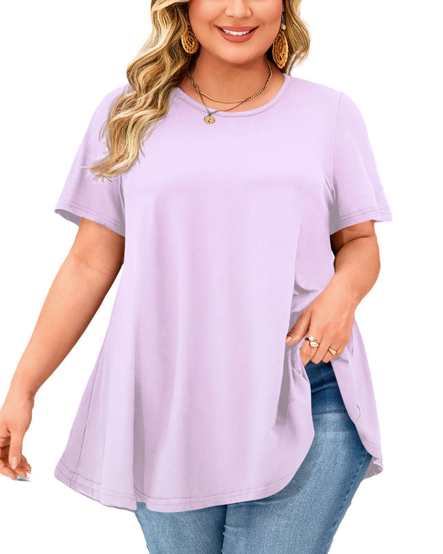 Lavender Purple Short Sleeve Swing Tunic Top – Women's Plus Size Crew Neck Flowy Blouse to Wear with Leggings (S–7XL)