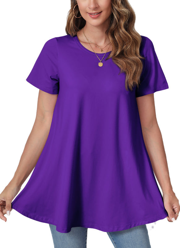 Deep Purple Short Sleeve Swing Tunic Top – Women's Plus Size Crew Neck Flowy Blouse to Wear with Leggings (S–7XL)