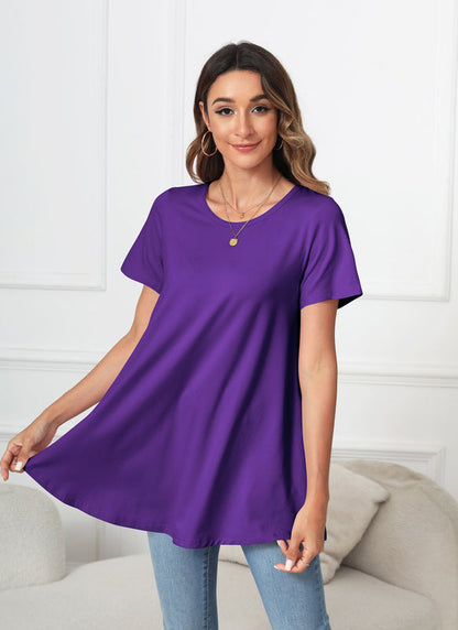 Deep Purple Short Sleeve Swing Tunic Top – Women's Plus Size Crew Neck Flowy Blouse to Wear with Leggings (S–7XL)