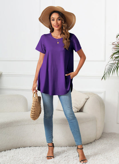 Deep Purple Short Sleeve Swing Tunic Top – Women's Plus Size Crew Neck Flowy Blouse to Wear with Leggings (S–7XL)