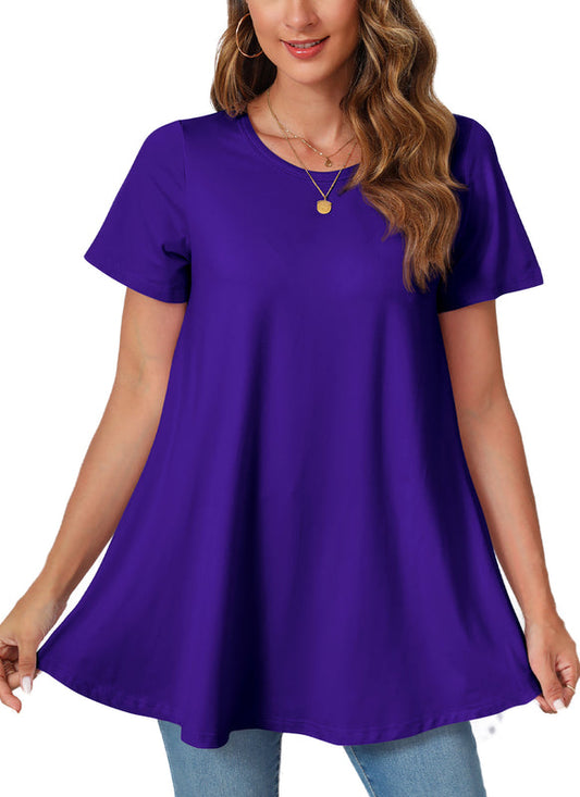 Deep Purple Short Sleeve Swing Tunic Top – Women's Plus Size Crew Neck Flowy Blouse to Wear with Leggings (S–7XL)