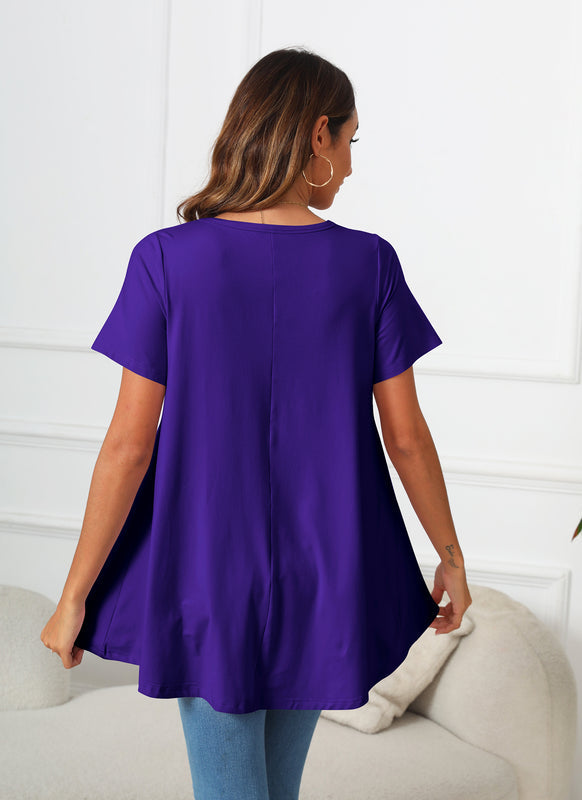 Deep Purple Short Sleeve Swing Tunic Top – Women's Plus Size Crew Neck Flowy Blouse to Wear with Leggings (S–7XL)