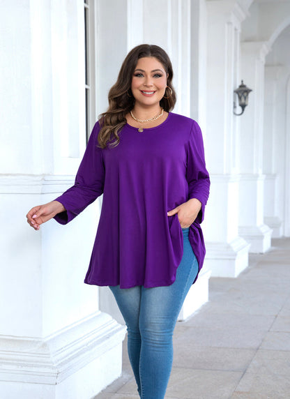 Women's Plus Size Solid Tunic Top | 3/4 Sleeve Swing Blouse, Flowy Loose Fit, Wear with Leggings – L to 6XL