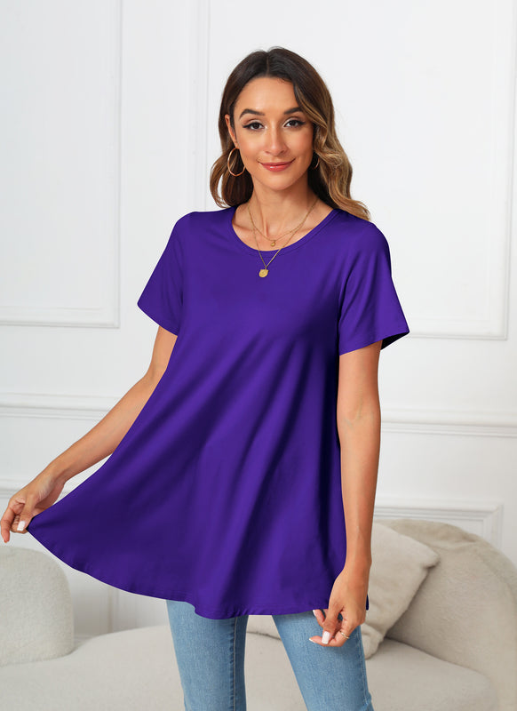 Deep Purple Short Sleeve Swing Tunic Top – Women's Plus Size Crew Neck Flowy Blouse to Wear with Leggings (S–7XL)
