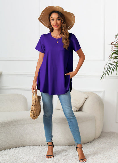 Deep Purple Short Sleeve Swing Tunic Top – Women's Plus Size Crew Neck Flowy Blouse to Wear with Leggings (S–7XL)