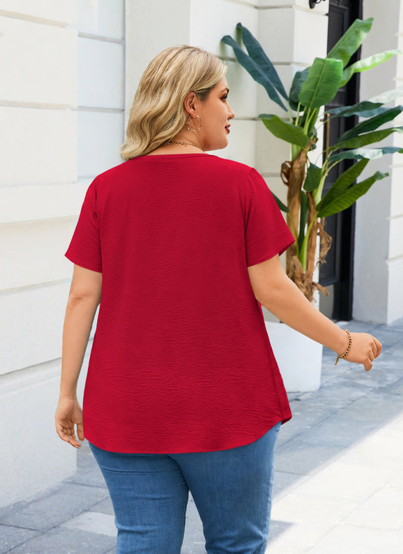 Women's Red V-Neck Blouse – Floral Lace Trim, Plus Size