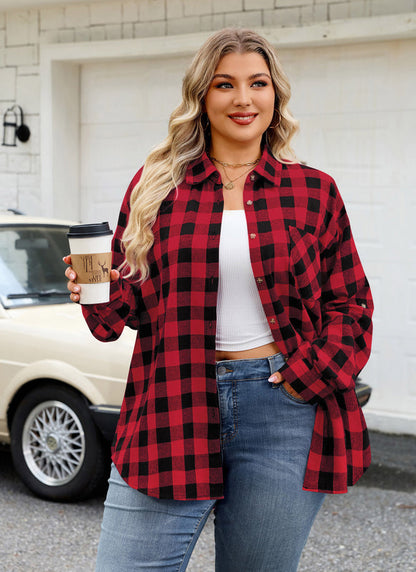 Women's Plus Size Red Plaid Flannel Shirt – Long Sleeve Button Down Boyfriend Blouse