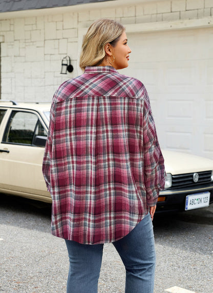 Women's Plus Size Wine Red Plaid Flannel Shirt | Long Sleeve Button Down