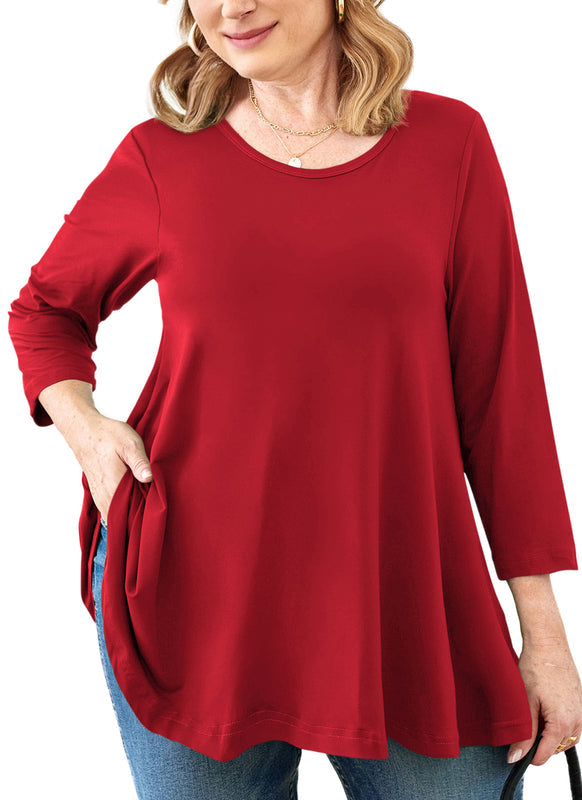 Women's Plus Size Burgundy Red Tunic Top – 3/4 Sleeve Swing Flare Blouse with Pockets