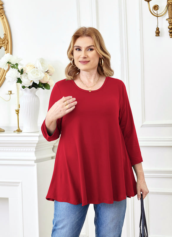 Women's Plus Size Burgundy Red Tunic Top – 3/4 Sleeve Swing Flare Blouse with Pockets
