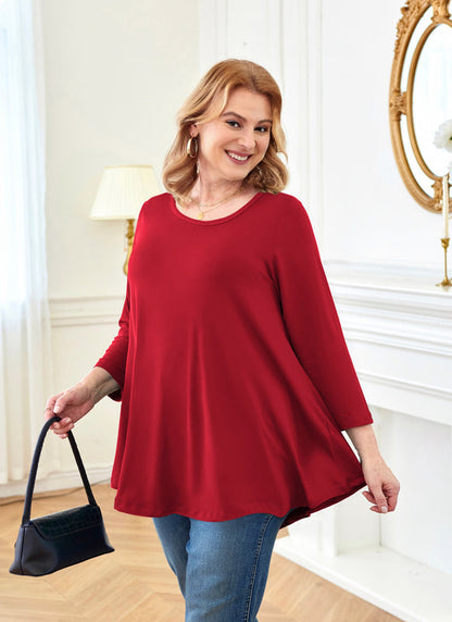 Women's Plus Size Burgundy Red Tunic Top – 3/4 Sleeve Swing Flare Blouse with Pockets