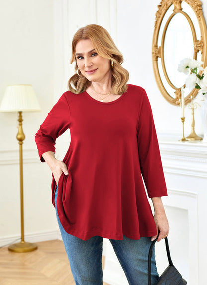 Women's Plus Size Burgundy Red Tunic Top – 3/4 Sleeve Swing Flare Blouse with Pockets