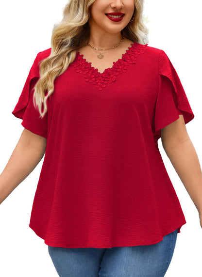 Women's Red V-Neck Blouse – Floral Lace Trim, Plus Size