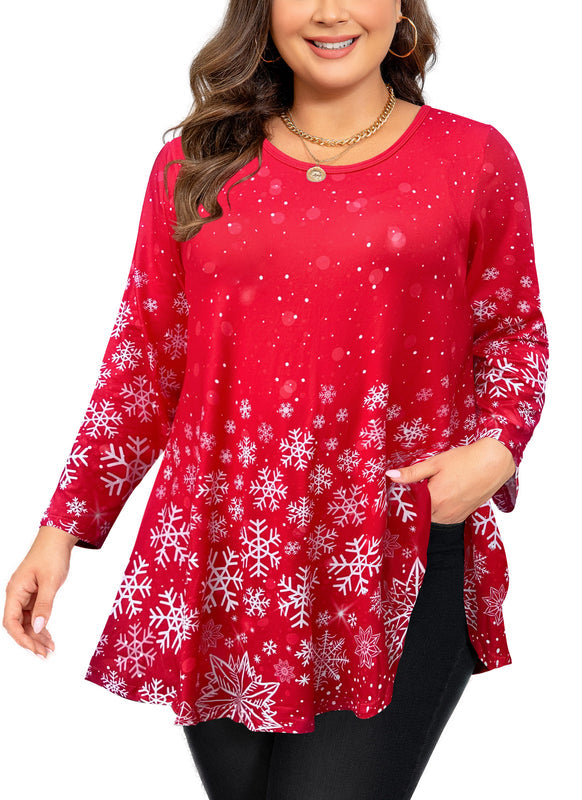 Women's Plus Size Red Christmas Tunic Top – 3/4 Sleeve Festive Swing Flare Blouse