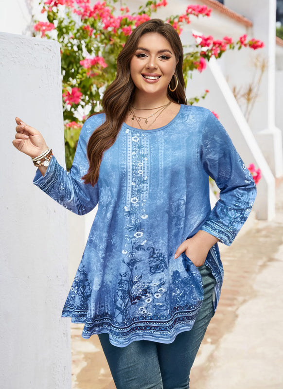Women's Light Blue Plus Size Swing Tunic Top – 3/4 Sleeve Flowy Blouse