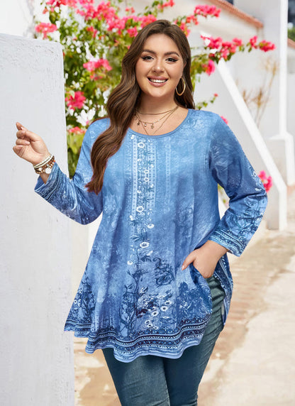 Women's Light Blue Plus Size Swing Tunic Top – 3/4 Sleeve Flowy Blouse