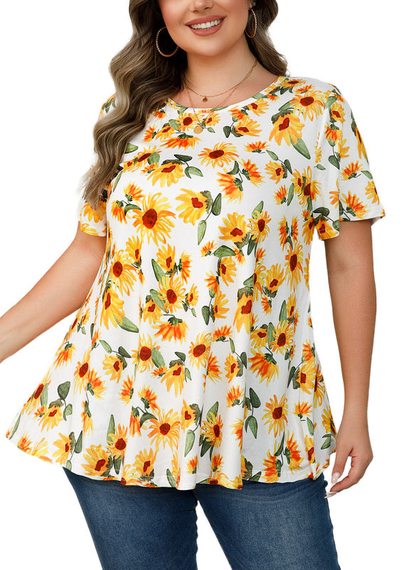 White Sunflower Print Tunic Top – Women's Plus Size Short Sleeve Swing Blouse to Wear with Leggings (S–7XL)