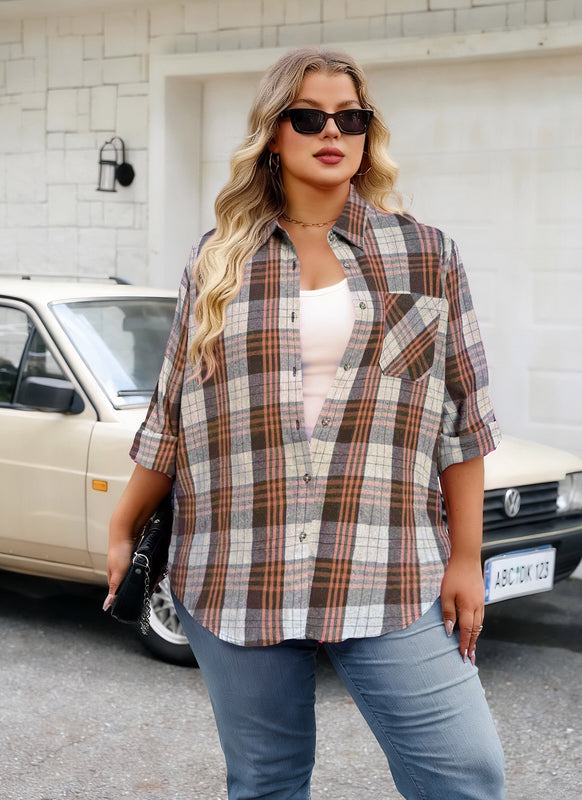 Women's Plus Size Brown Plaid Flannel Shirt | Long Sleeve Button Down