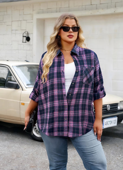 Women's Plus Size Pink Navy Plaid Flannel Shirt | Long Sleeve Button Down