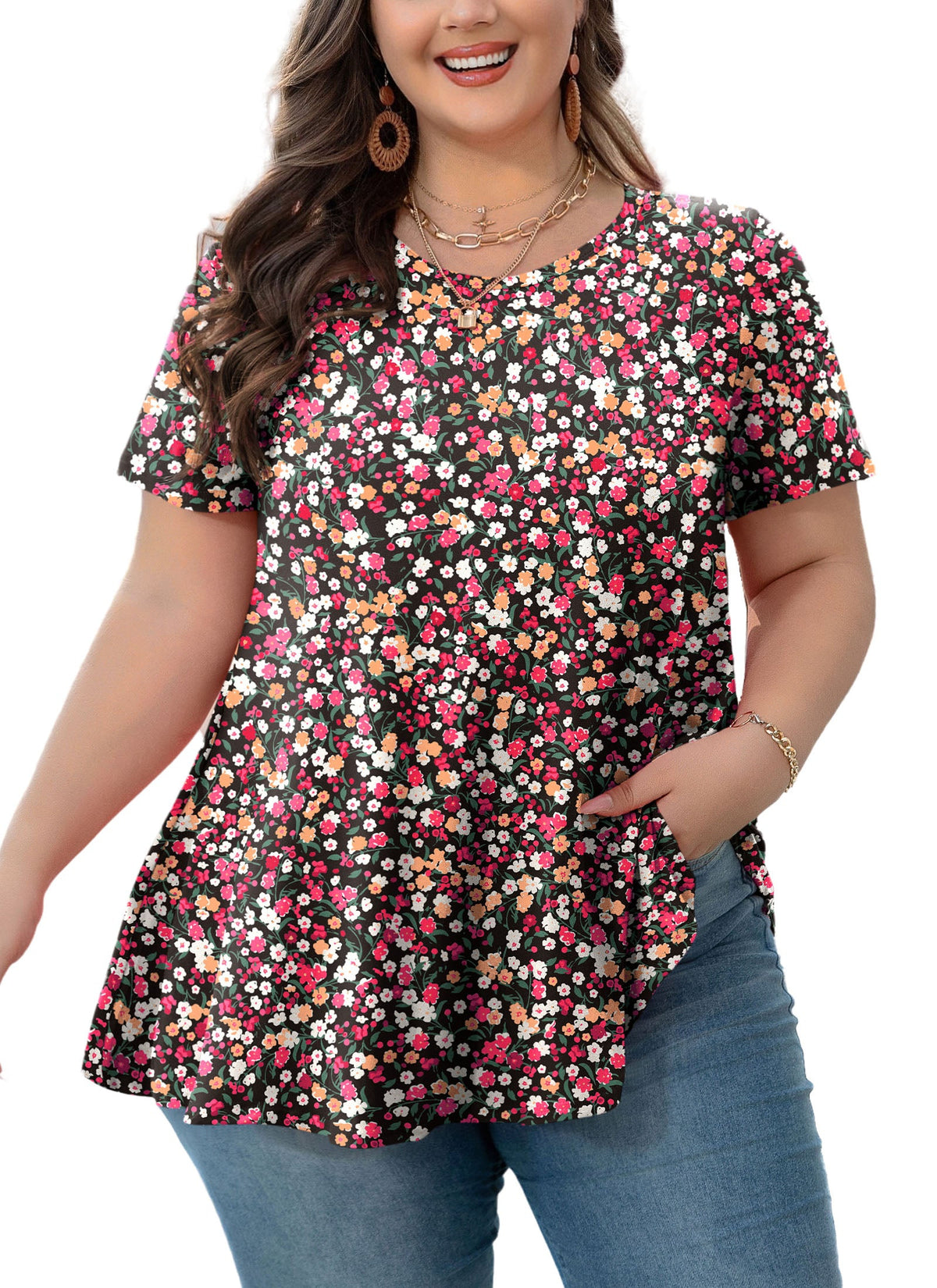 Women's Plus Size Pink Floral Tunic Top – Short Sleeve Casual Swing Blouse