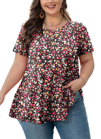 Women's Plus Size Pink Floral Tunic Top – Short Sleeve Casual Swing Blouse