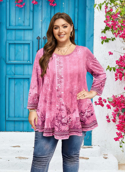 Women's Plus Size Pink Boho Floral Tunic Top – 3/4 Sleeve Vintage Embroidery Print Blouse