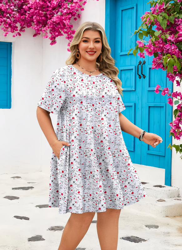 Women's Plus Size White Ditsy Floral T-Shirt Dress | Short Sleeve