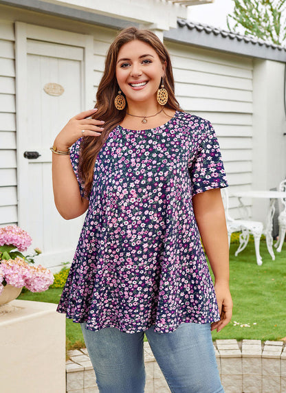 Women's Plus Size Navy Blue & Purple Tunic Top – Short Sleeve Swing Blouse