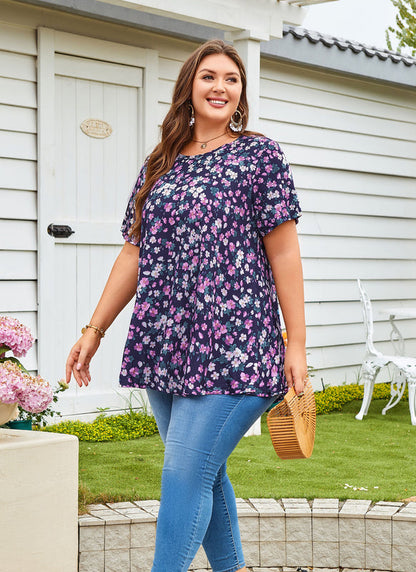 Women's Plus Size Floral Tunic Top – Short Ruffle Sleeve, Flowy Swing Blouse on Navy