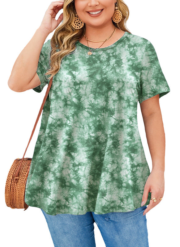 Women's Plus Size Green Tie Dye Tunic Top – Short Sleeve Boho Swing Blouse