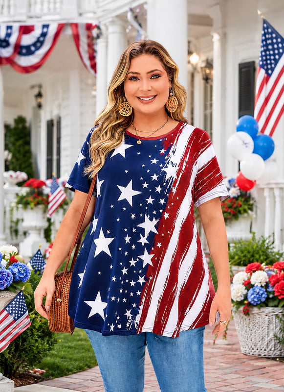 Women's Plus Size American Flag Tunic Top – Short Sleeve Patriotic Swing Blouse