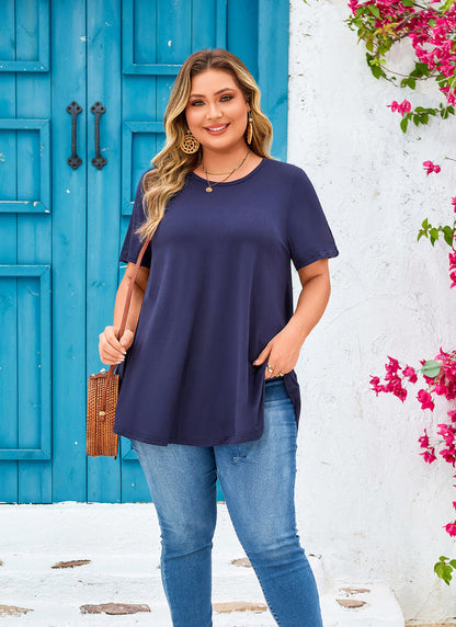 Women's Plus Size Navy Blue Tunic Top – Short Sleeve Solid Swing Blouse