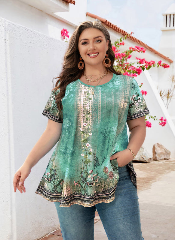 Women's Plus Size Floral Tunic Top – Short Sleeve, Flowy Swing Blouse to Wear with Leggings