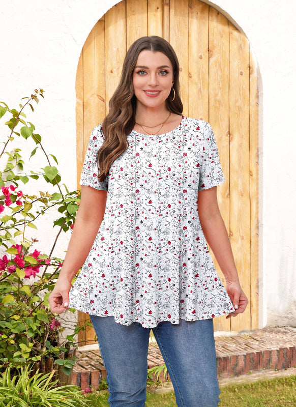 Women's Plus Size White Floral Tunic Top – Short Sleeve, Flowy Swing Blouse to Wear with Leggings