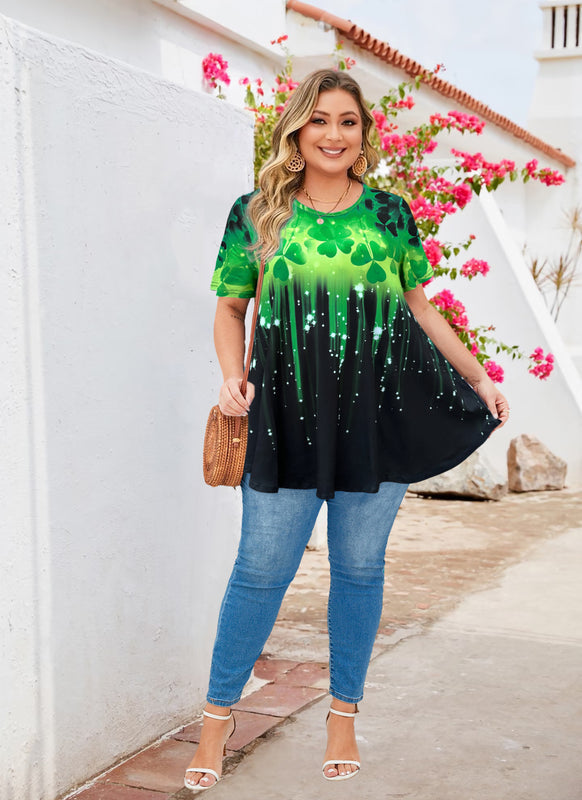 Women's Plus Size Green Leaf Print Tunic Top – Short Sleeve Swing Blouse