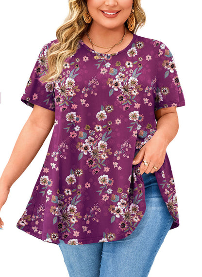 Women's Magenta Floral Swing Tunic Top – Short Sleeve, Plus Size