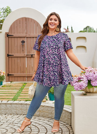 Women's Plus Size Navy Blue & Purple Tunic Top – Short Sleeve Swing Blouse