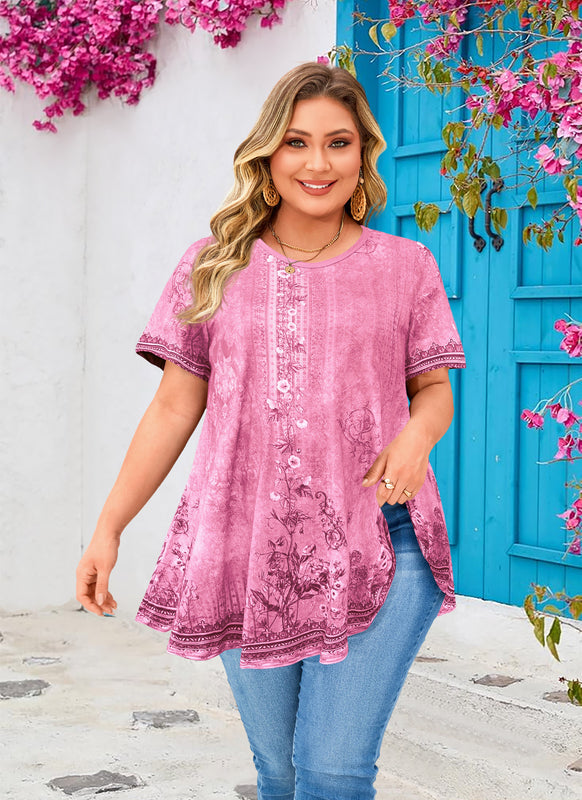 Womens Plus Size Tops Short Sleeve Swing Flare Flowy Tunic Loose Fit Summer Casual Blouses to Wear with Leggings