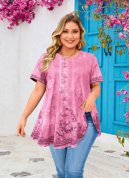 Womens Plus Size Tops Short Sleeve Swing Flare Flowy Tunic Loose Fit Summer Casual Blouses to Wear with Leggings