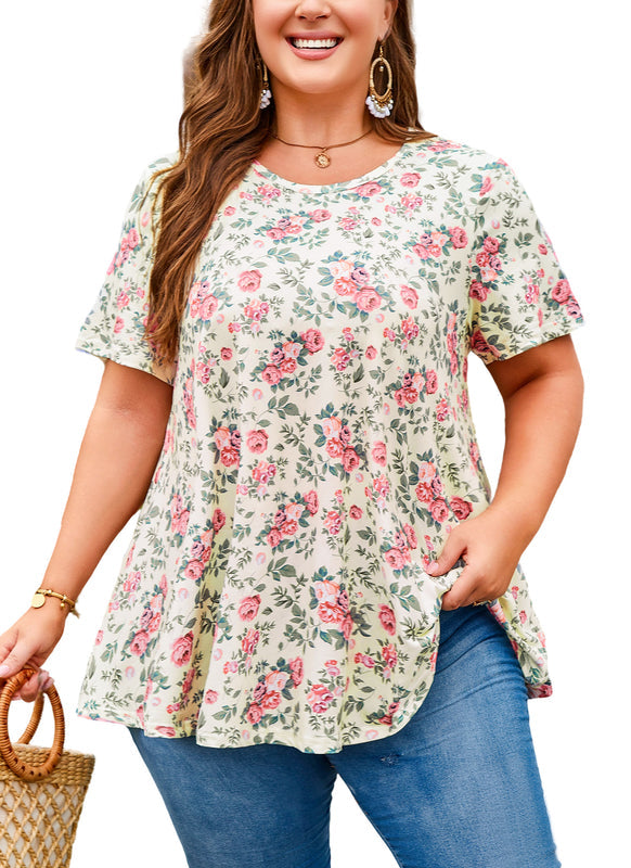 Women's Plus Size Beige Pink Floral Tunic Top – Short Sleeve Swing Blouse